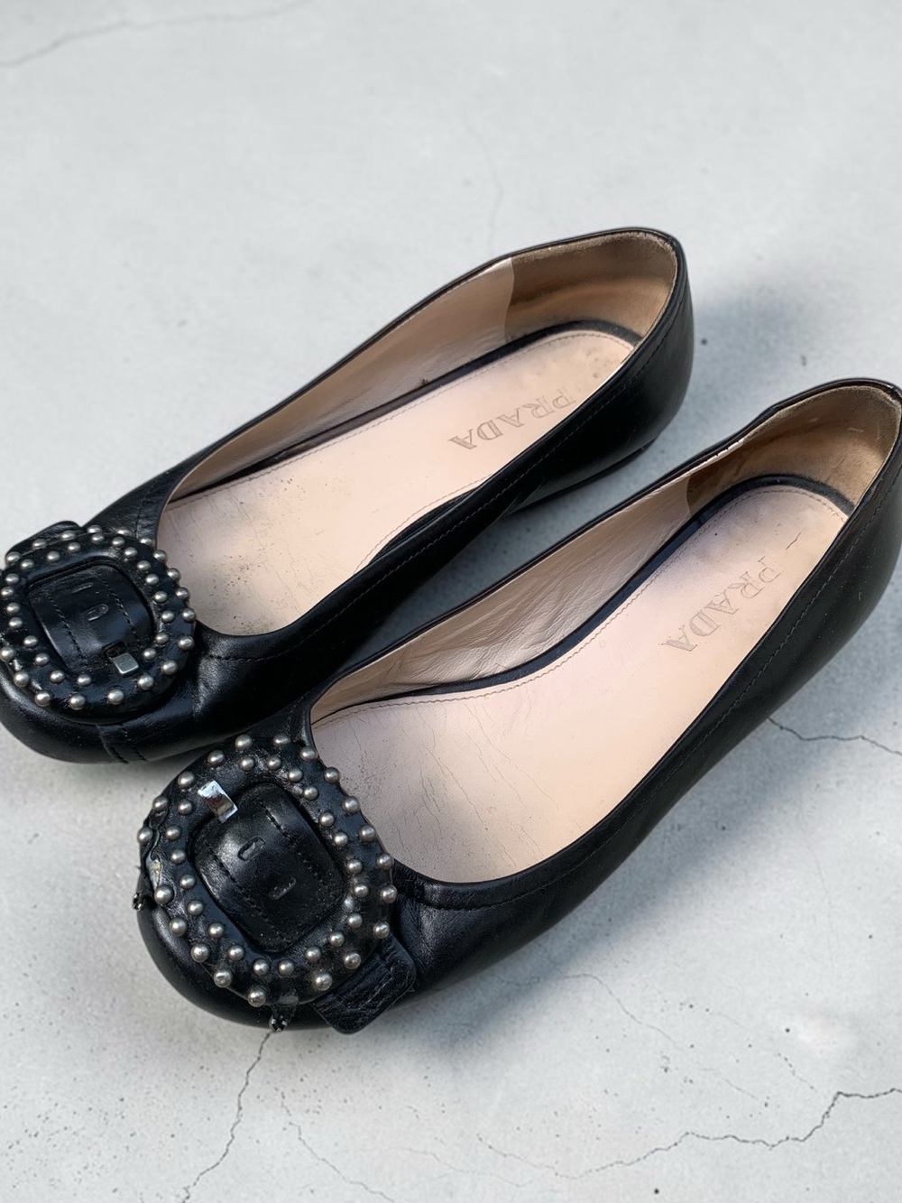 Prada Black Leather Studded Ballet Flats EU 36 US 6